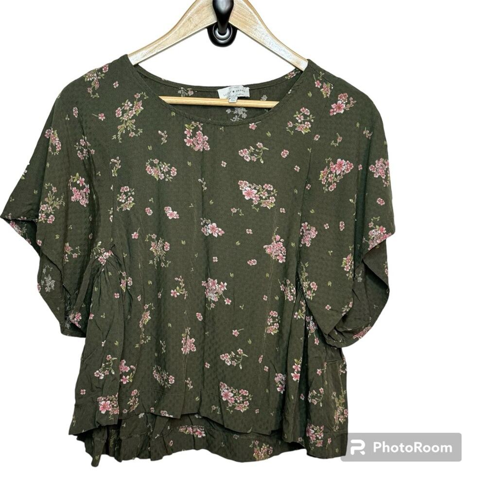 Lucky Brand Boho Textured Flutter Sleeve Olive Green Top Size XS